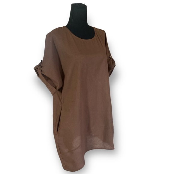 Casual Cotton Flax Loose Fit Dress, Swim Coverup, with Pockets Brown Size Medium - Picture 11 of 11
